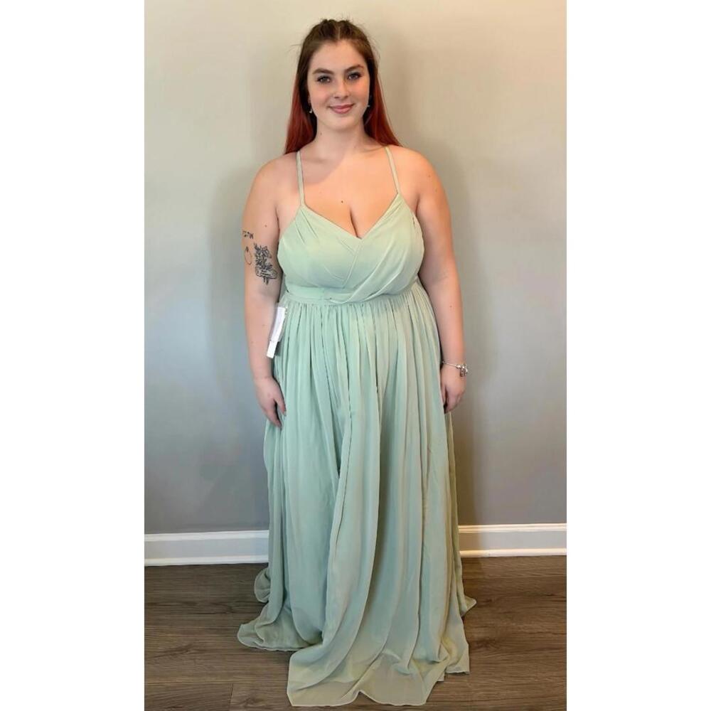 Azazie Cora Dusty Sage Chiffon A-Line Pleated Bridesmaids Dress (Size 16)
